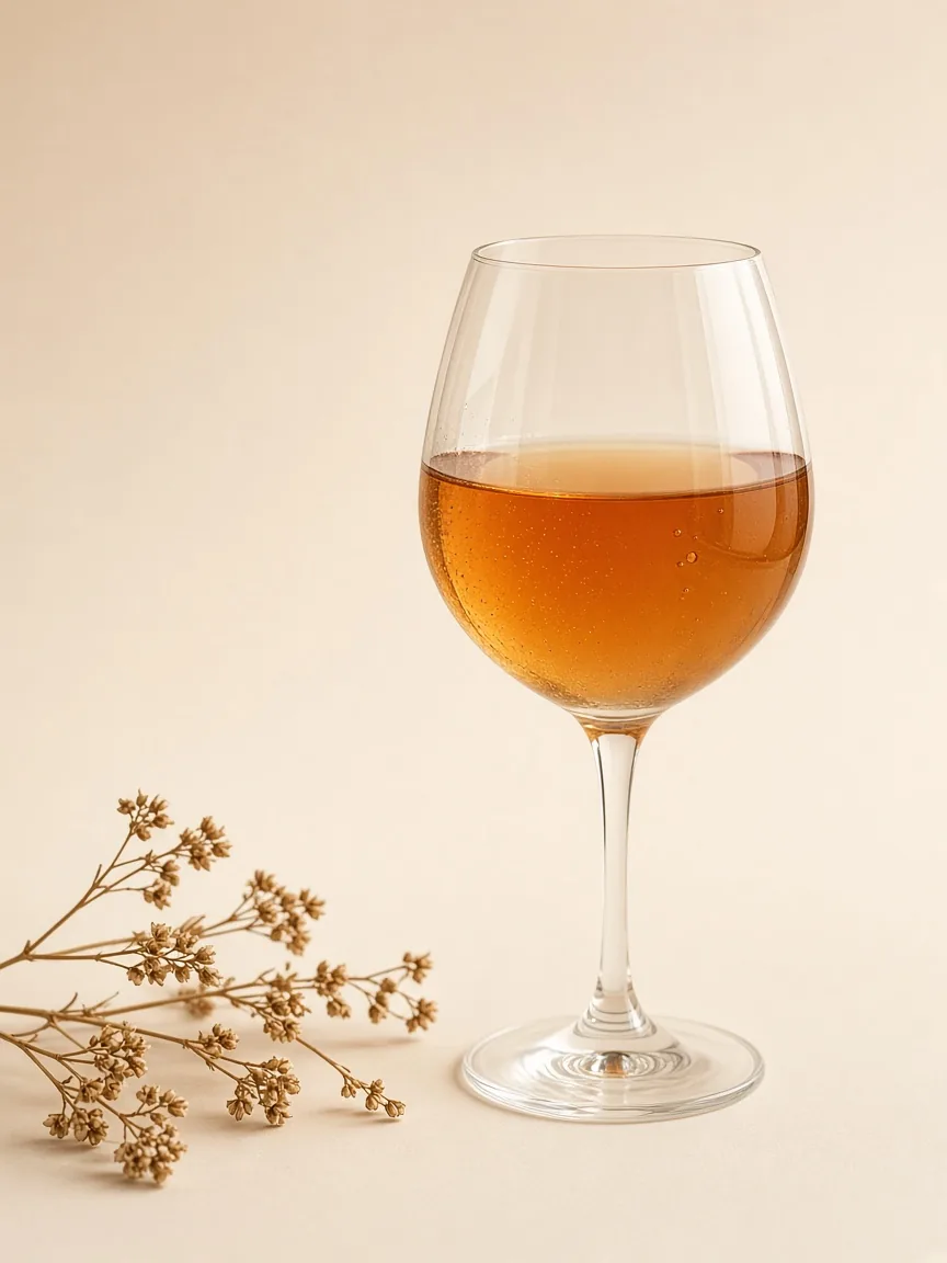 A stemmed glass of amber-orange wine on a cream background.