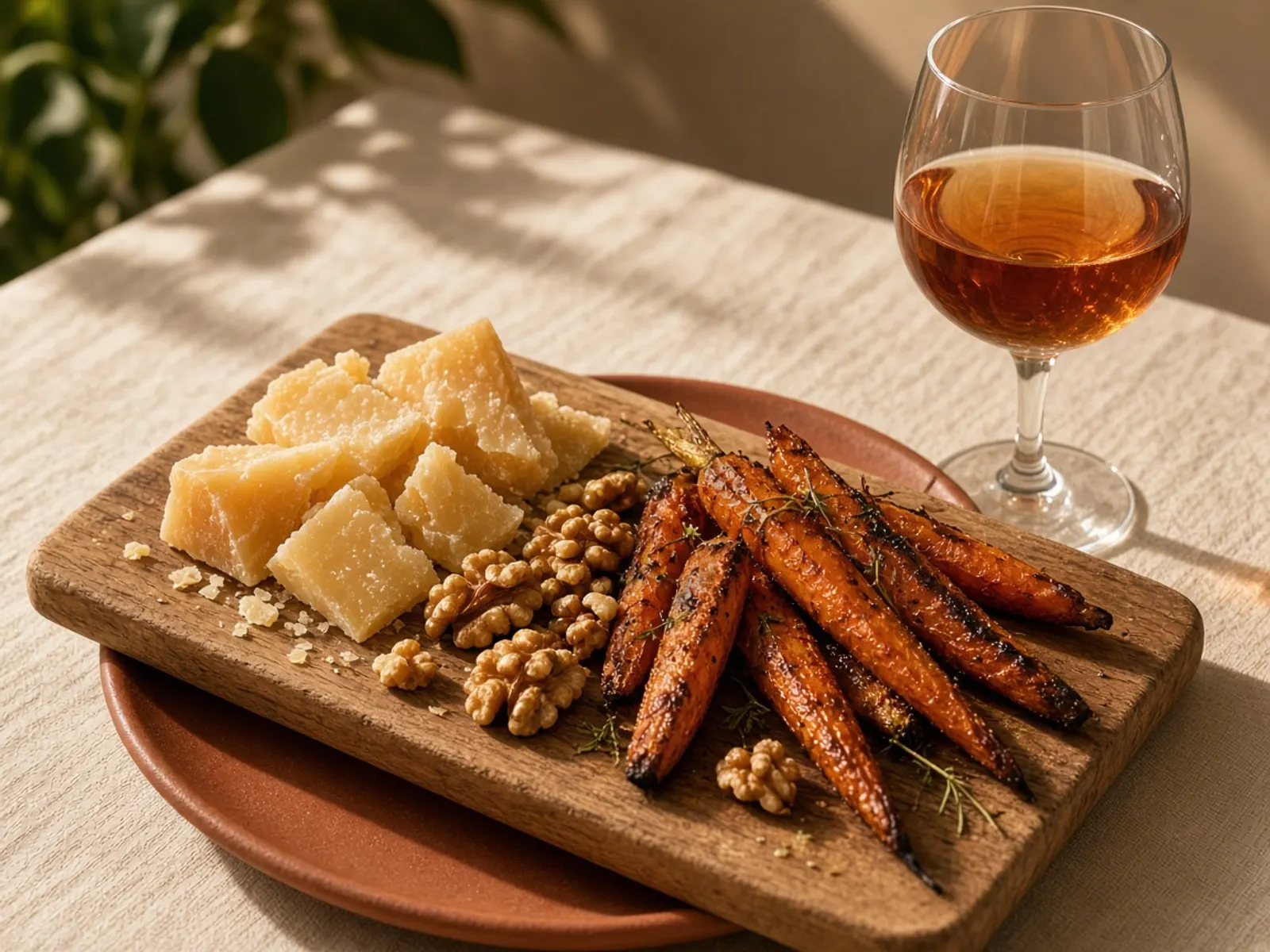 A glass of amber wine beside aged cheese, walnuts, and roasted carrots.