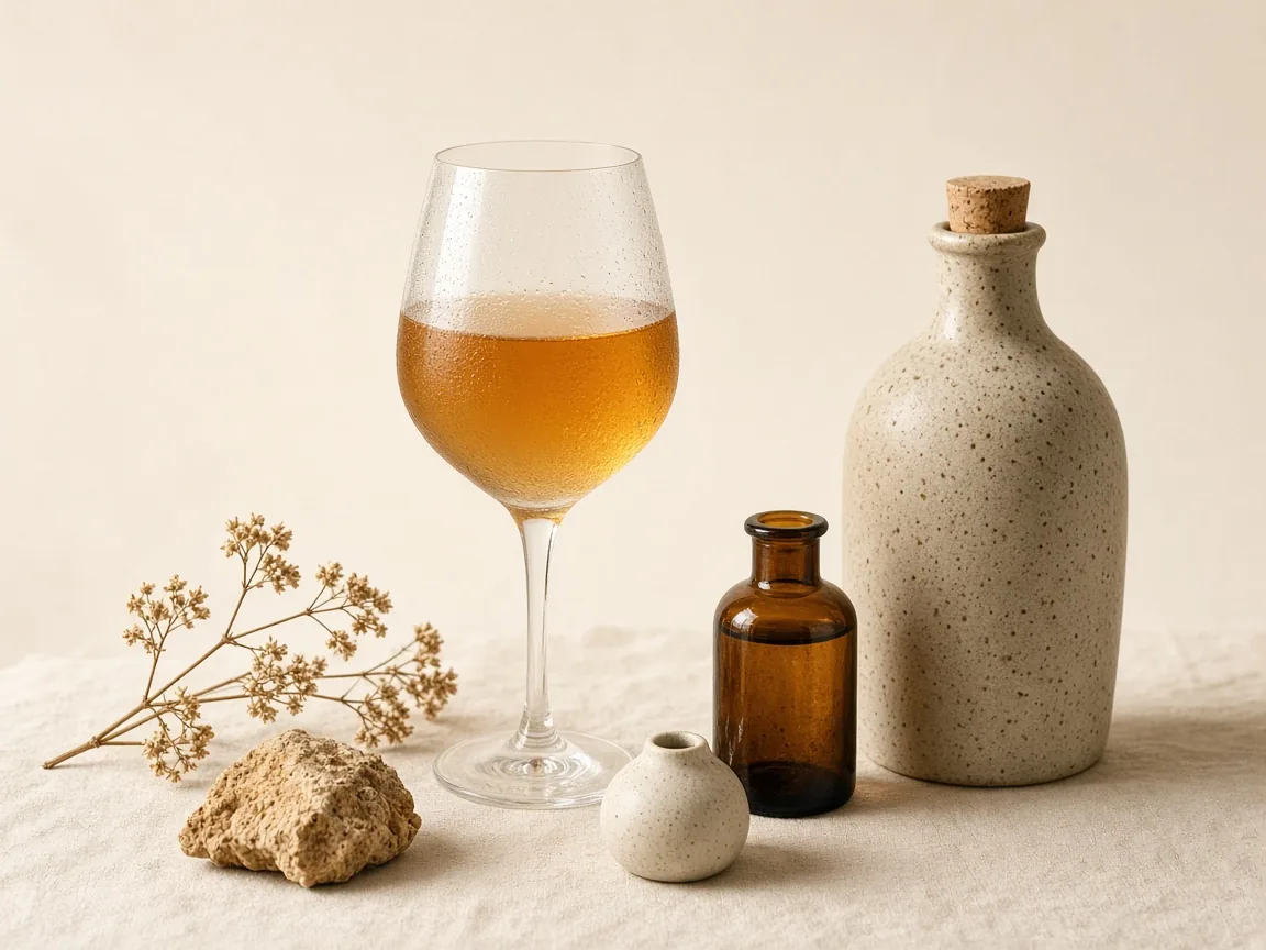 A stemmed glass of golden-amber wine beside a corked ceramic bottle, dried flowers, and stone.