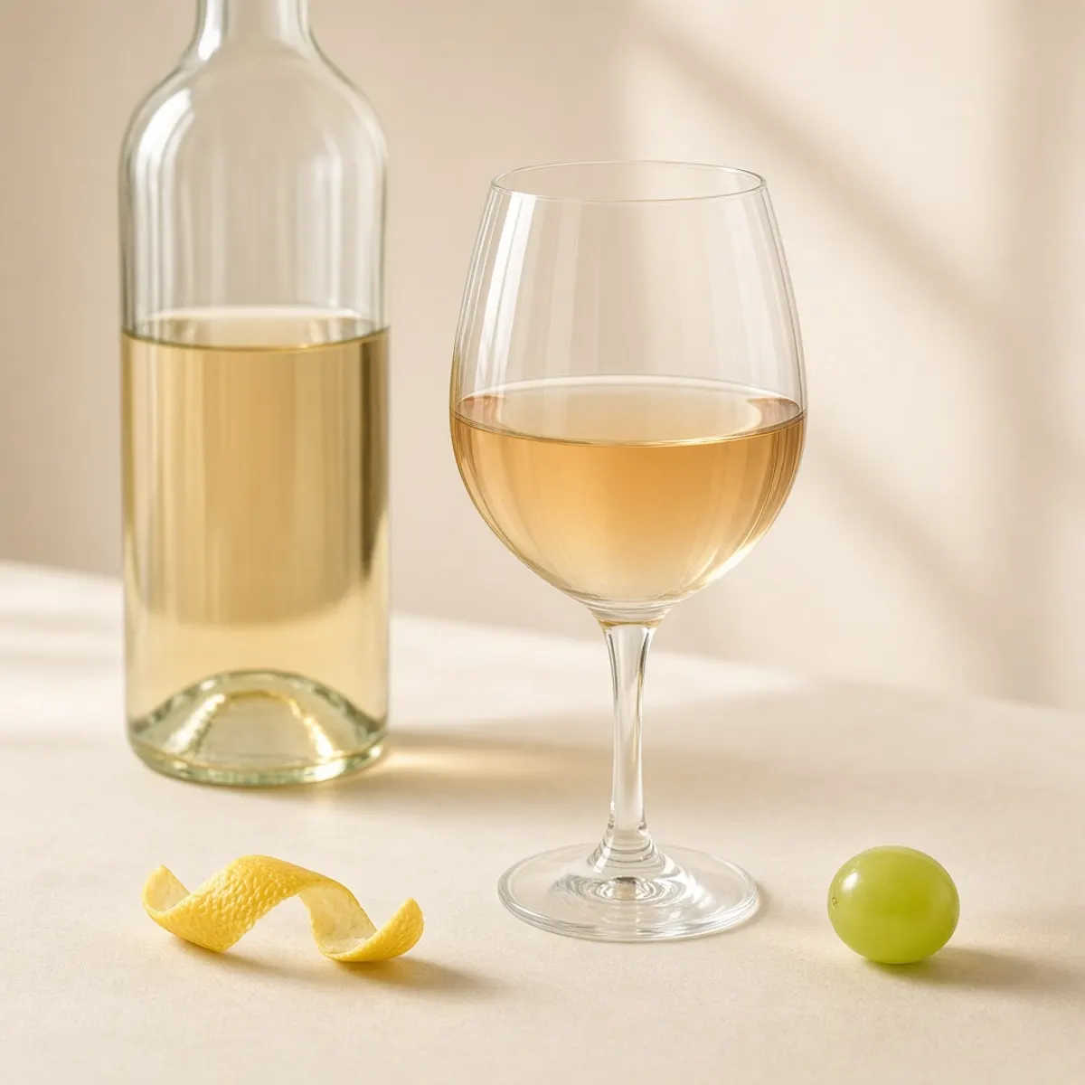 A pale gold glass of wine with a light copper blush, beside lemon peel.