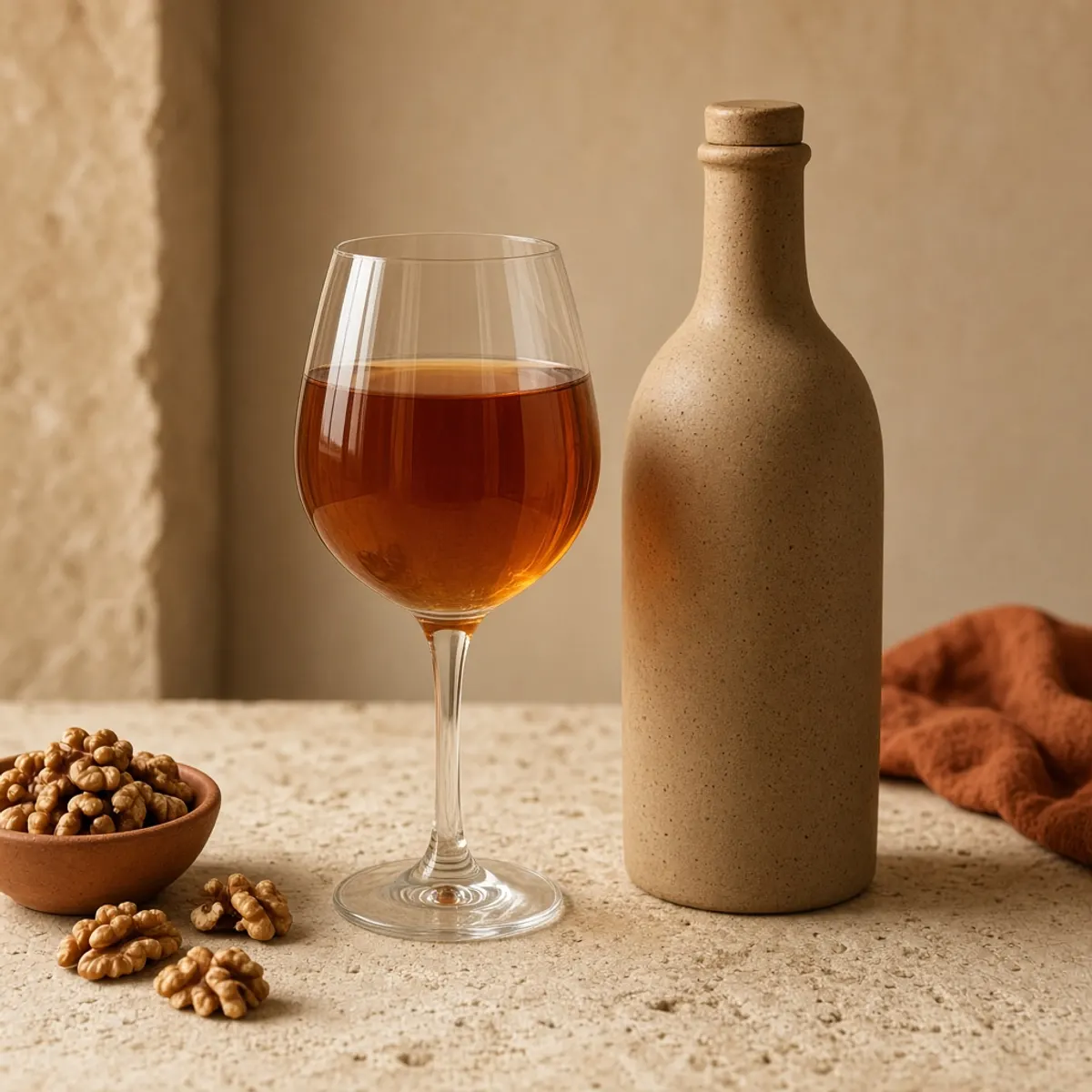 A deep amber wine in a glass beside an unlabeled bottle and walnuts.