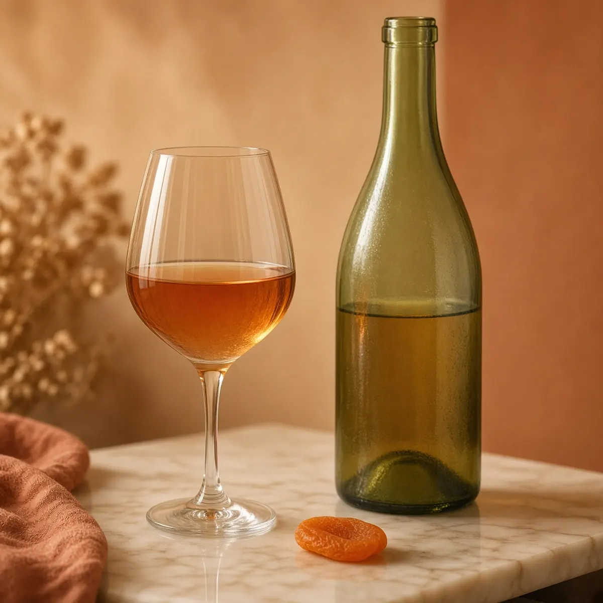 A copper-orange wine in a stemmed glass beside an unlabeled bottle.