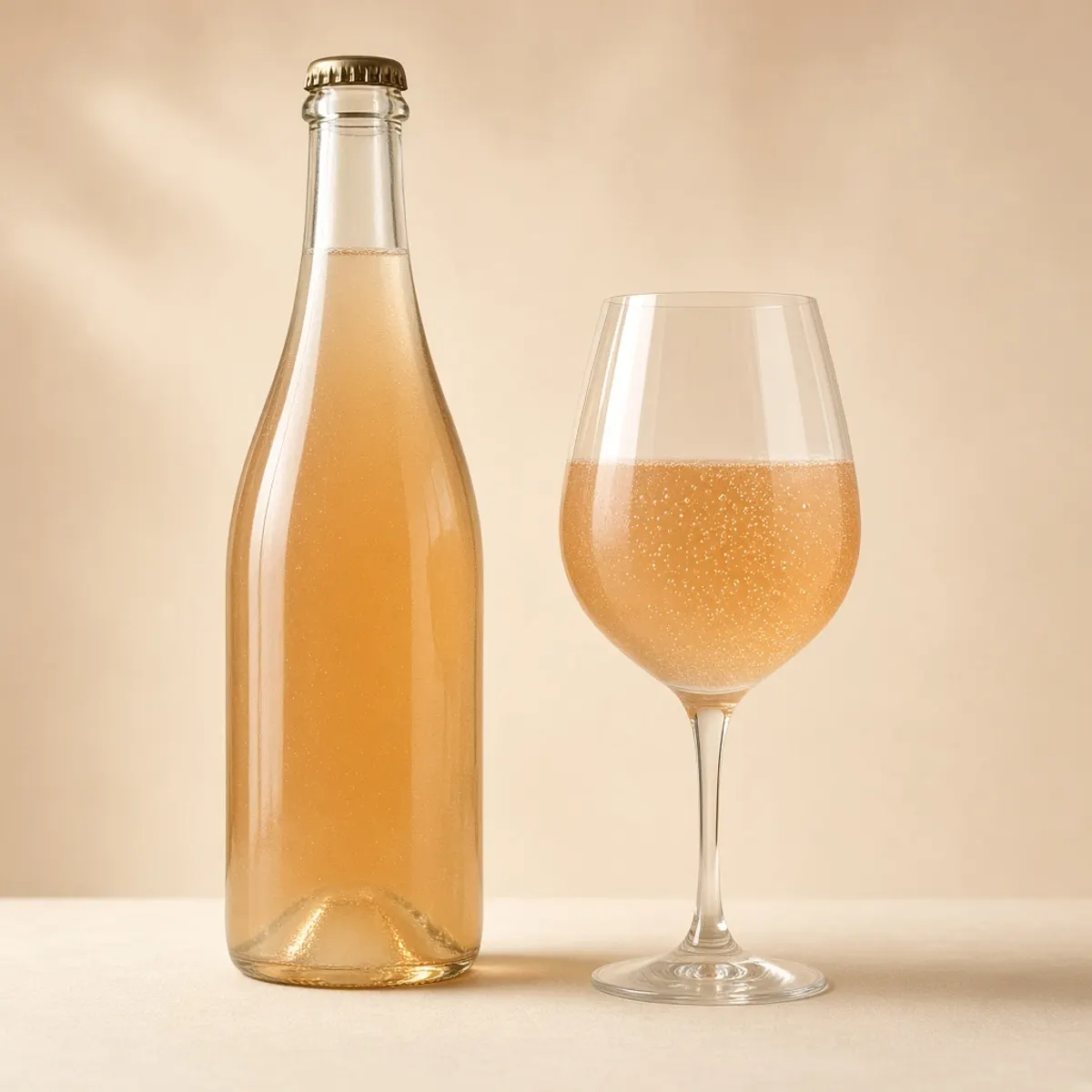 A bottle of cloudy amber sparkling wine beside a filled glass.